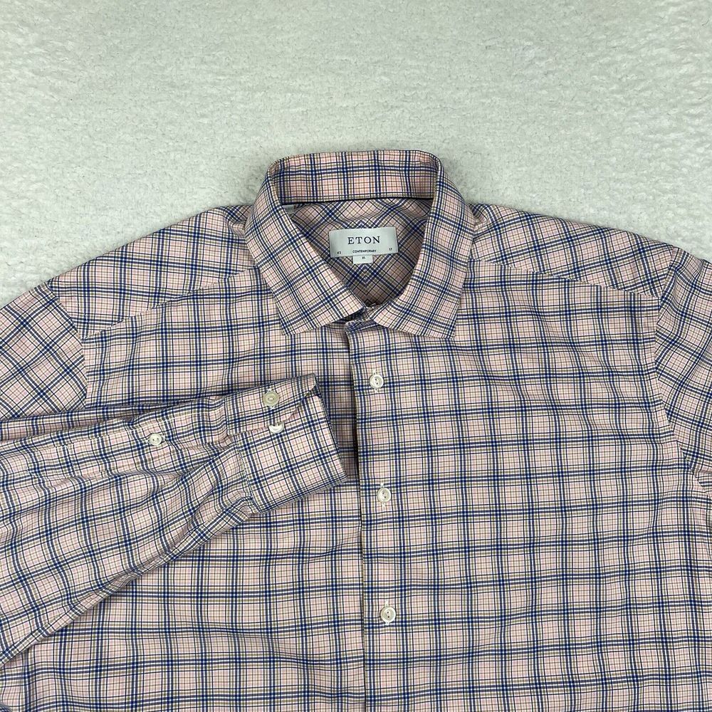 Eton Shirt Mens 43/17 XL Pink Plaid Contemporary Dress‎ Shirt Button Up Cotton